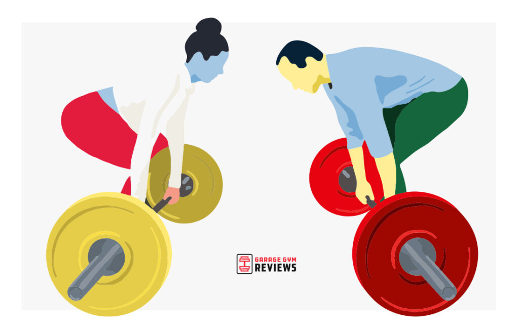 An illustration of two people deadlifting