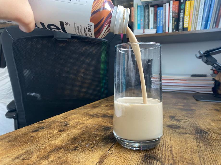 Huel Ready to Drink Shake being poured into a glass