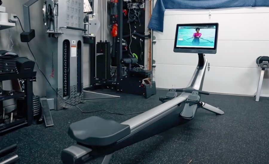 Hydrow Rower turned on in a garage gym