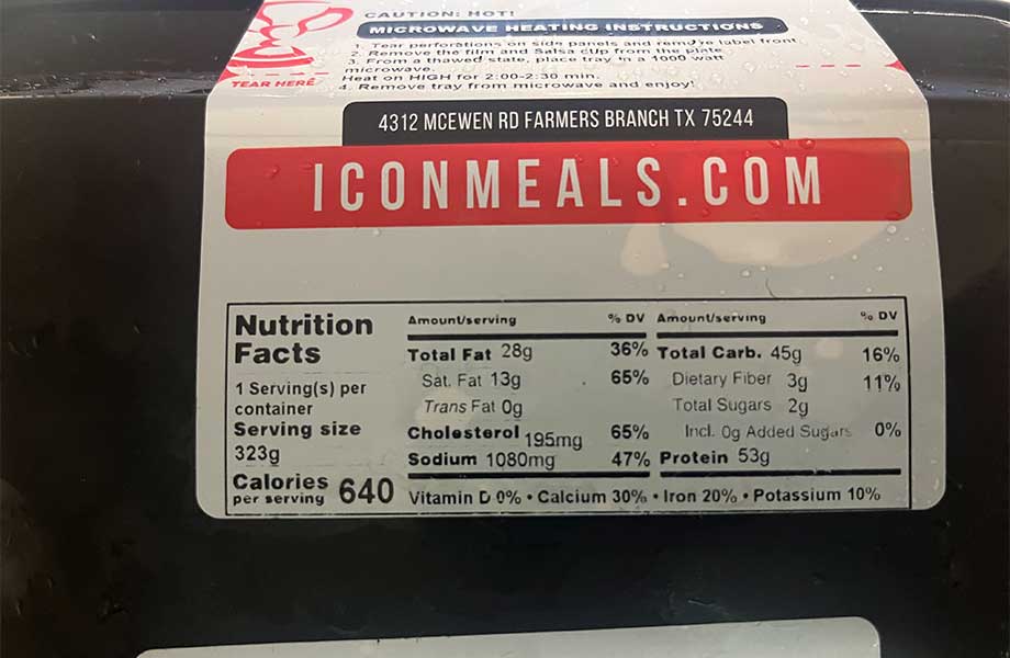 Nutrition label on a package from ICON Meals.