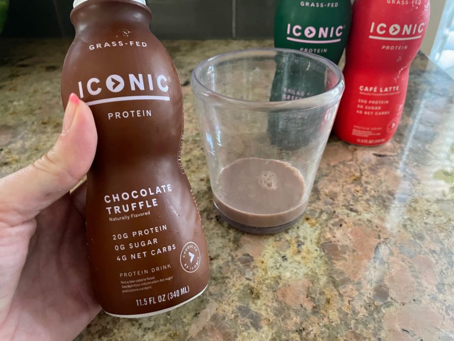 Chocolate Truffle Iconic Protein Shake bottle with glass