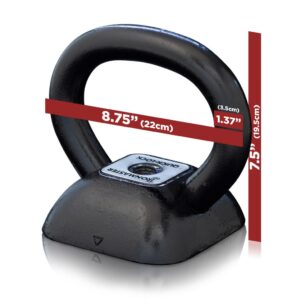 Up close phot of IronMaster Quicklock Adjustable Kettlebell Handle with measurements highlighted with red lines and white numbers