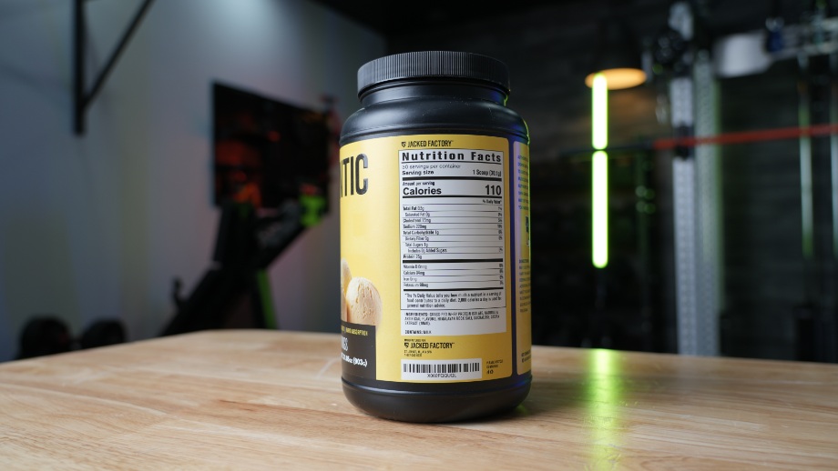 A container of Jacked Factory Authentic Iso is turned so the Supplement Facts can be seen.