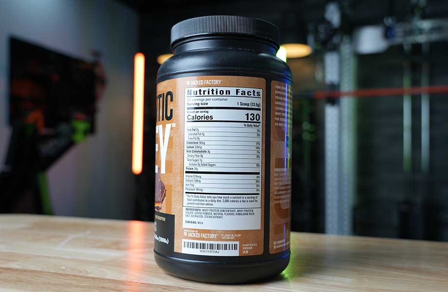 Close up of the Supplement Facts label on the back of a container of Jacked Factory Authentic Whey protein powder.