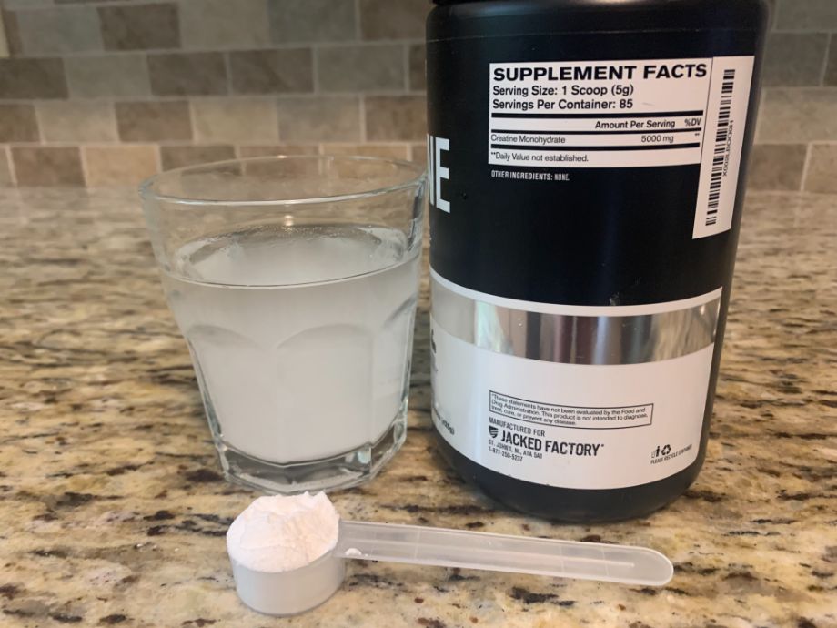 A close look at the Supplement Facts label on a container of Jacked Factory Creatine.