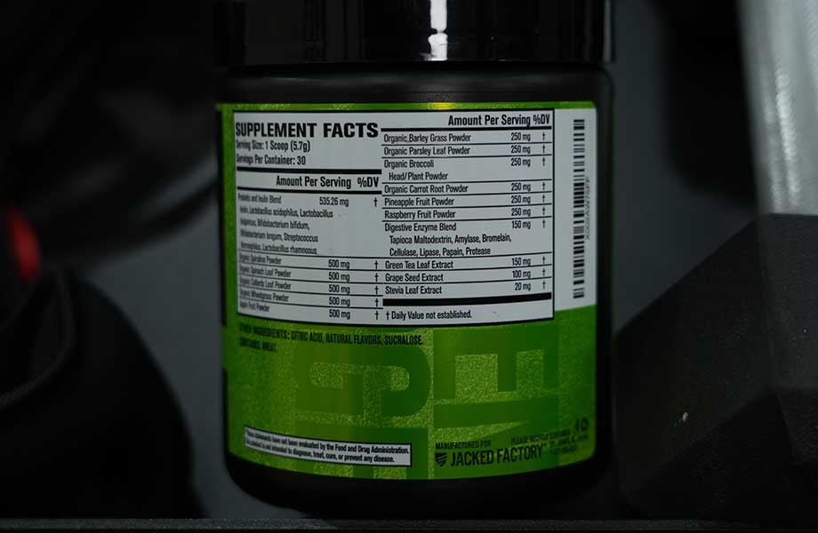The Supplement Facts label on a container of Jacked Factory Green Surge.