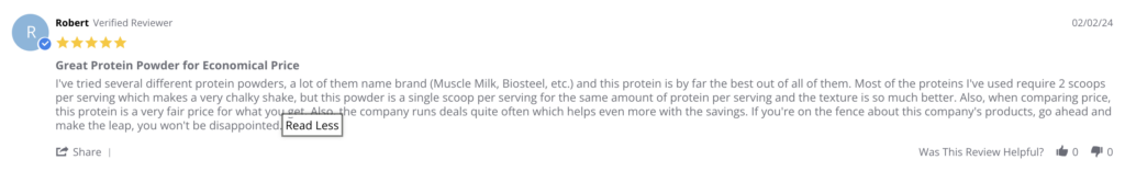 A positive review is shown for Jacked Factory Authentic Iso Whey Protein.