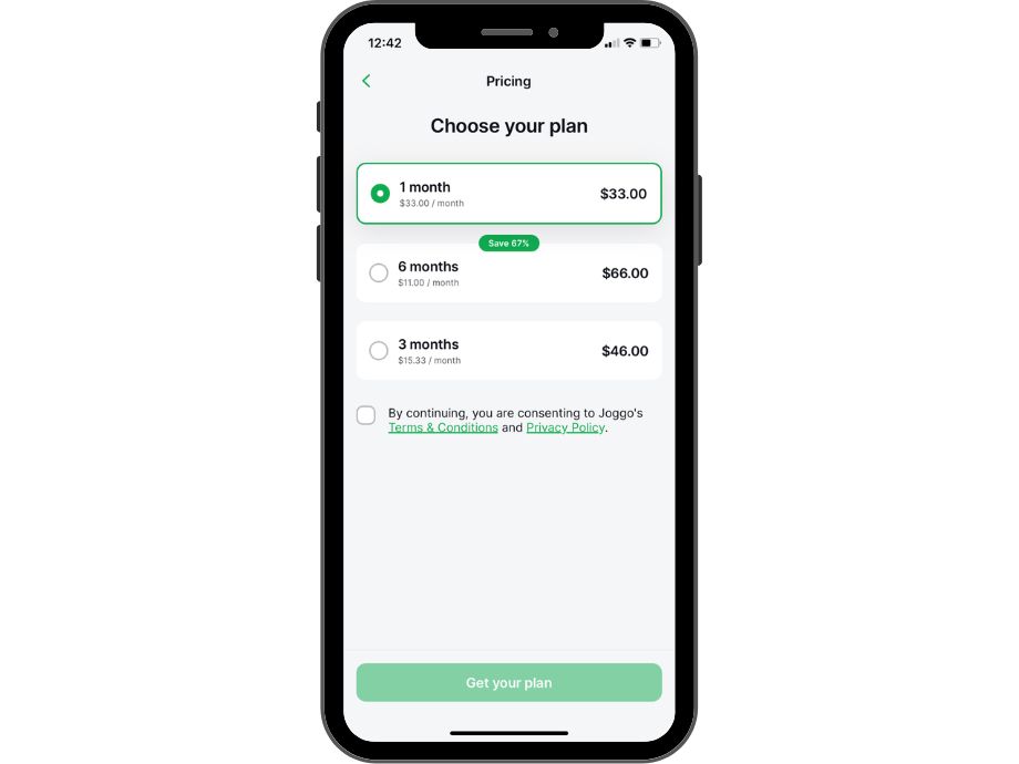 A Screenshot of the Joggo App payment plans.