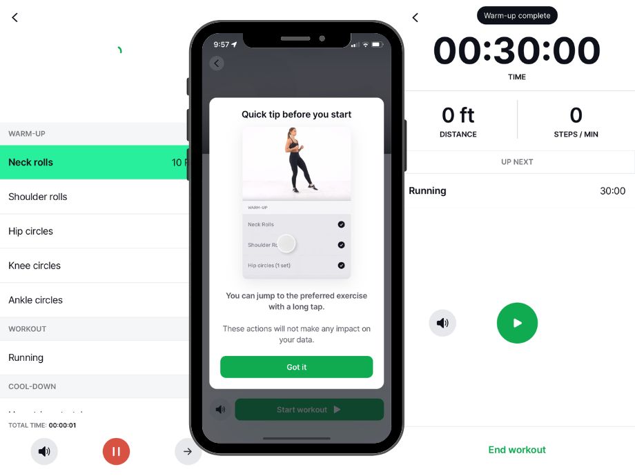 Screenshots of the warm-up and running screens in the Joggo App.