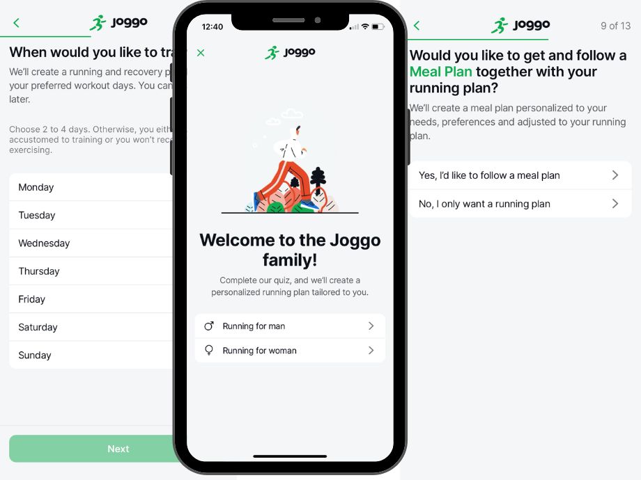 Screenshots of the Joggo App show setup questions.