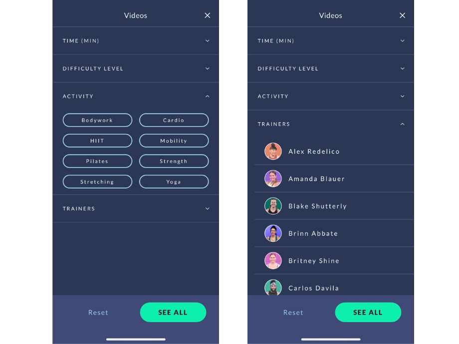 JRNY app workout filter navigation