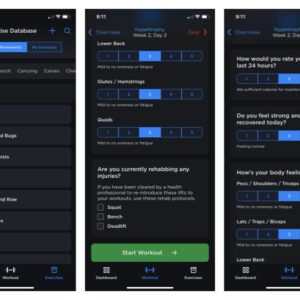 Screenshots of the JuggernautAI app showing various parts of the workout and profile dashboards