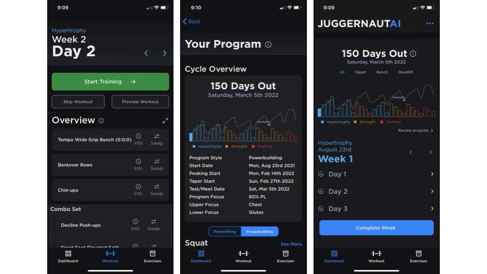 Screenshots of the JuggernautAI app showing various parts of the workout and profile dashboards