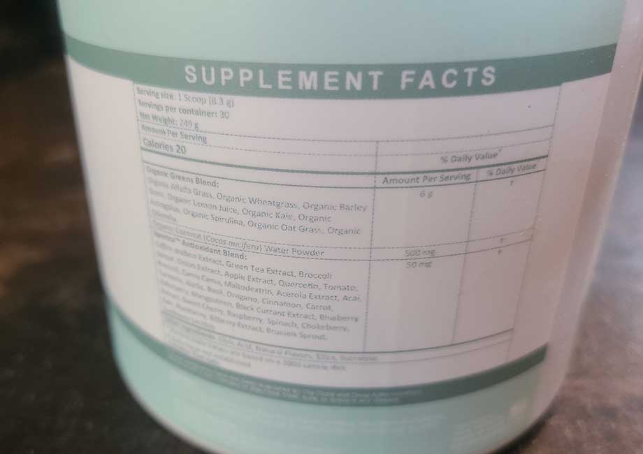 Kiala Greens Supplement Facts Label