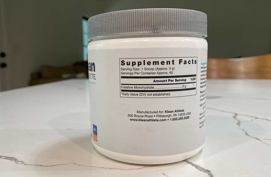 Shows the Nutritional Facts label on a container of Klean Creatine powder