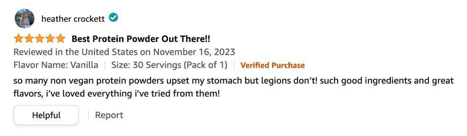 A positive Amazon review of Legion Casein+ Protein Powder is shown