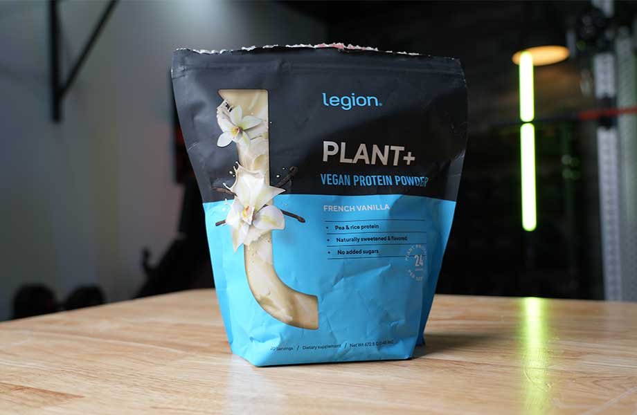 A bag of Legion Plant+ Protein powder with the front label on display