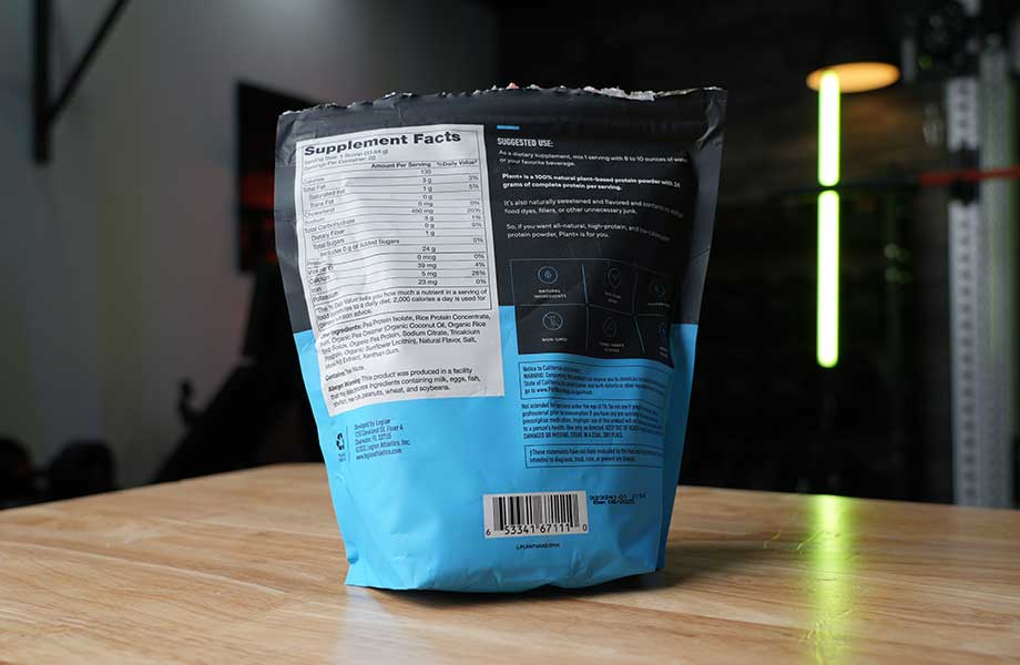 A bag of Legion Plant+ Protein powder is shown, displaying the  Supplement Facts label