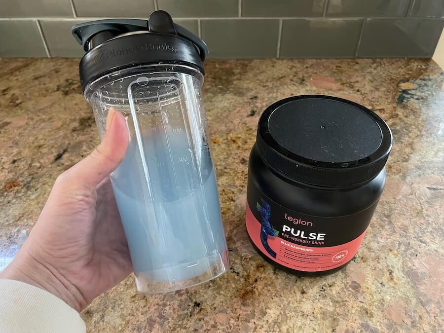A close-up look of Legion's stim free pre-workout mixed in water
