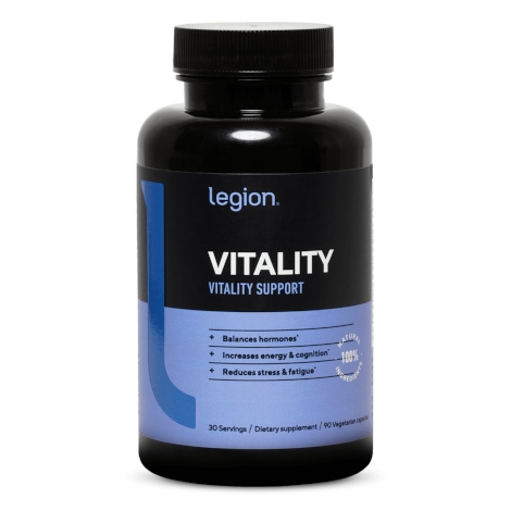 A bottle of the Legion Vitality Supplement.
