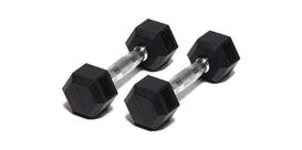 a set of 20-pound rubber hex dumbbells with silver handles