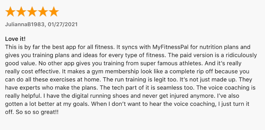 Screenshot of a 5-star MapMyFitness review.