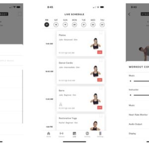screenshots of the mirror app showing workouts and audio controls