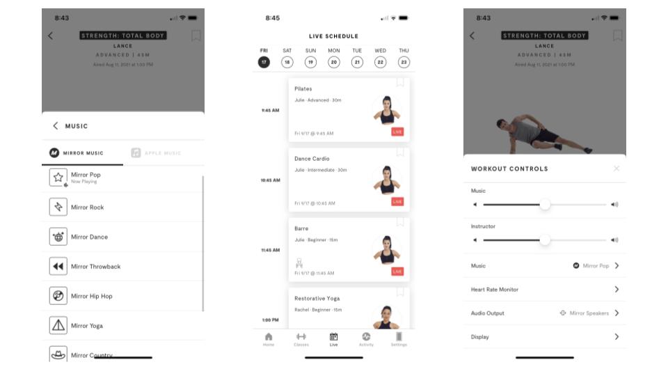 screenshots of the mirror app showing workouts and audio controls