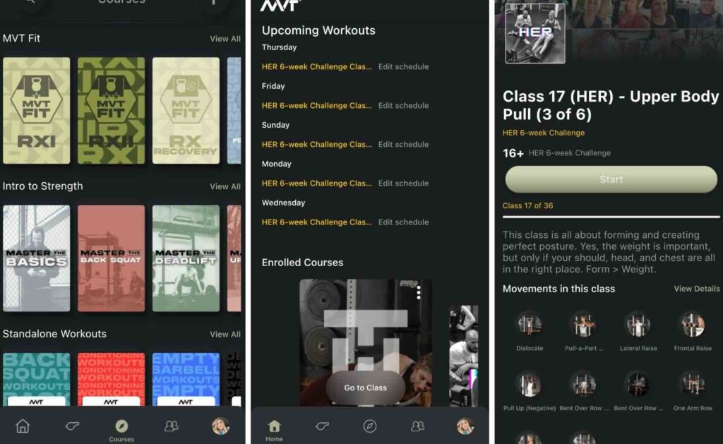 Screenshots of the MVT Fitness App show course and program pages.