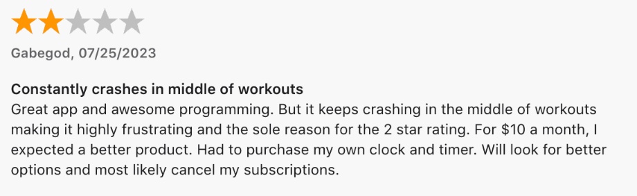 A 2-star Review of the MVT Fitness App is shown