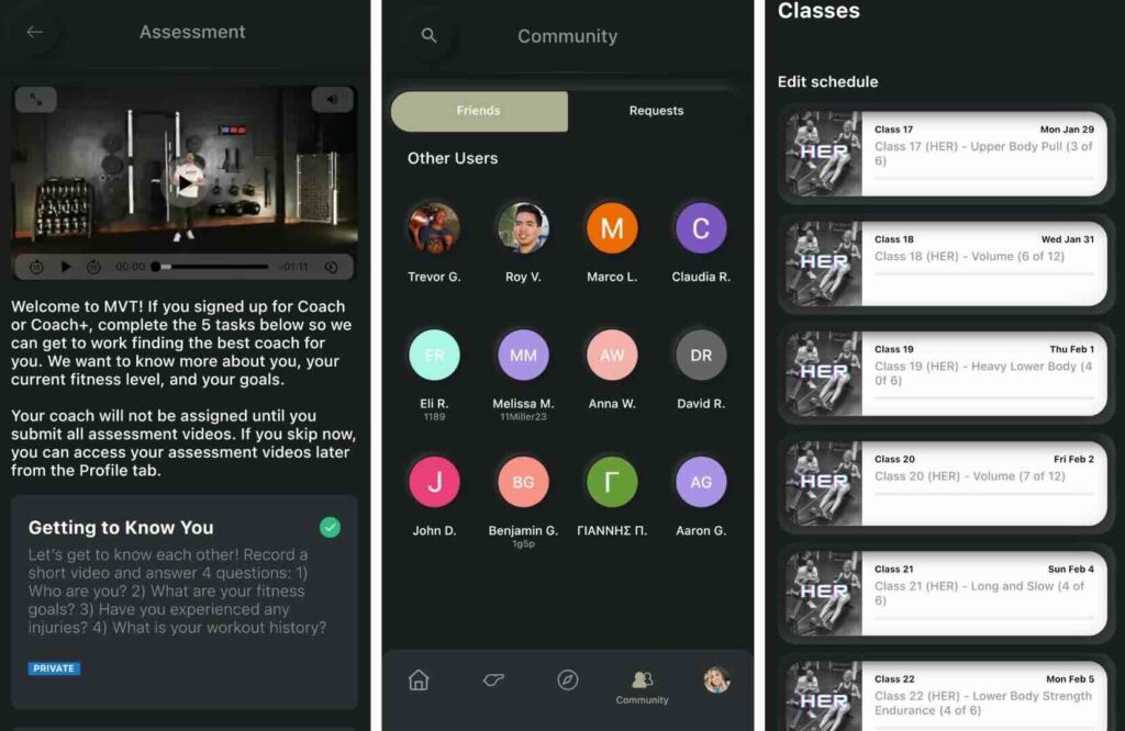 Screenshots of the MVT Fitness App