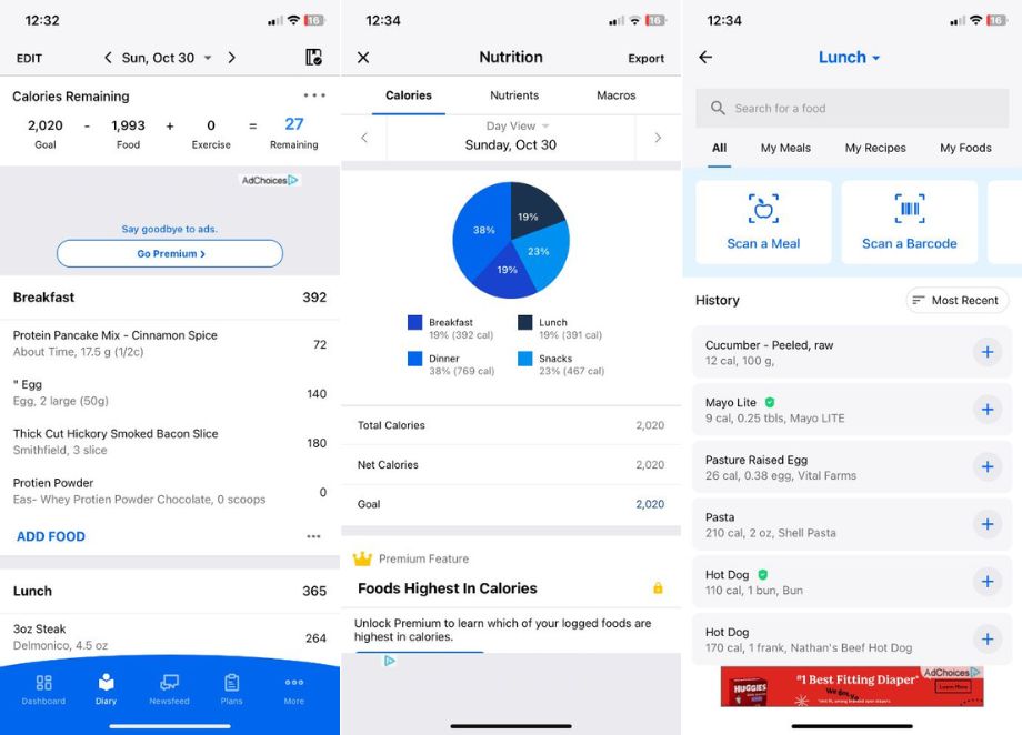 Screen captures of MyFitnessPal taken for the Best Weight Loss Program for Men roundup