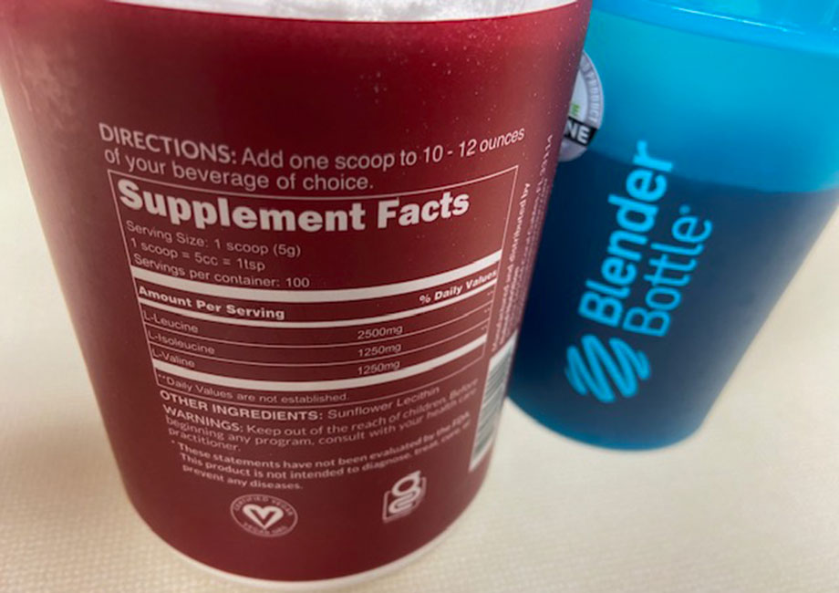 Supplement Facts label on a container of Naked Nutrition BCAAs.