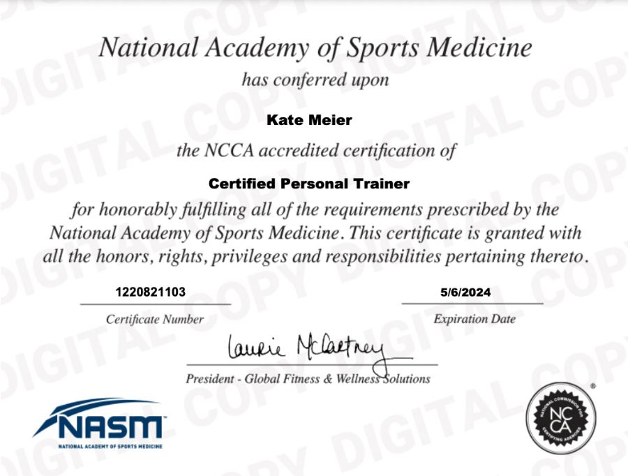 The personal training certification document from NASM