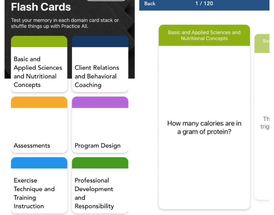 Sample flashcards from the NASM Edge app