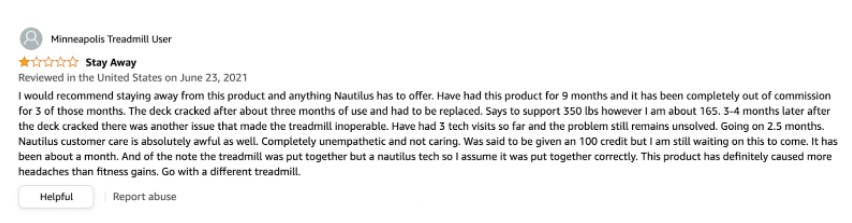 negative customer review of Nautilus T618 Treadmill