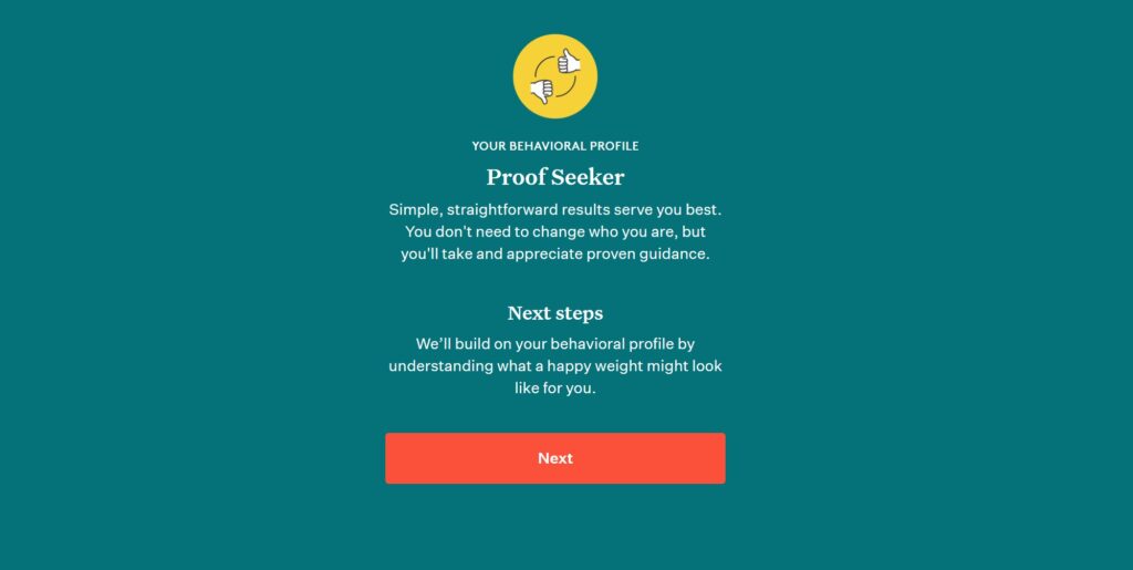 Screenshot of the Noom behavioral profile tool results page