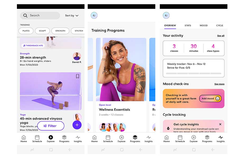 Different screens of the Obe Fitness app