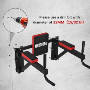 Picture highlighting drill and drill bit needed for installing the OneTwoFit Wall Mounted Pull-Up Bar.