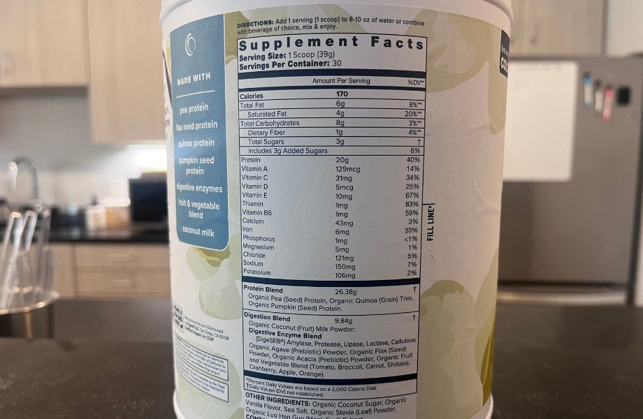 Organifi Complete Protein Nutrition Facts label