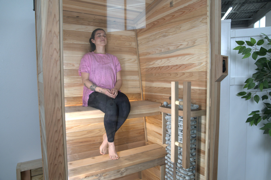 Our tester relaxes in a Plunge The Sauna Mini.