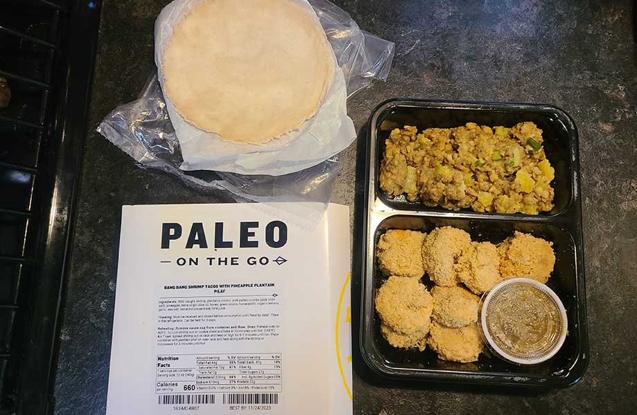 Paleo On the Go meal of shrimp tacos