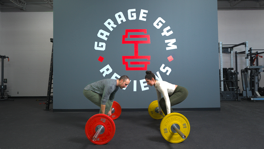 Two people demonstrating how to do partner you-go-I-go deadlifts