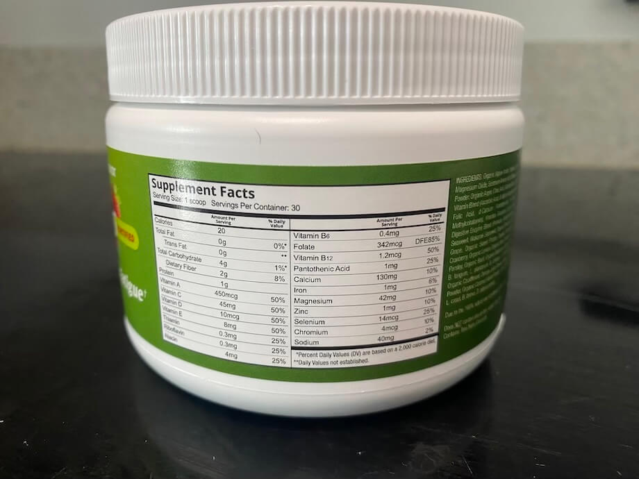 Patriot Power Greens Nutrition Label