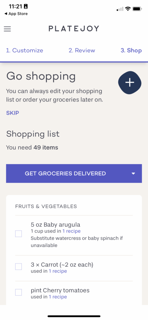 PlateJoy shopping list