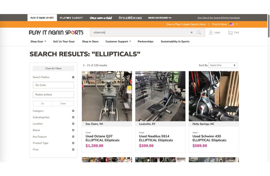 Ellipticals section of the Play It Again Sports website