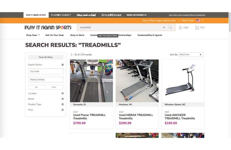 A screencap of the Play It Again Sports "Treadmills" page