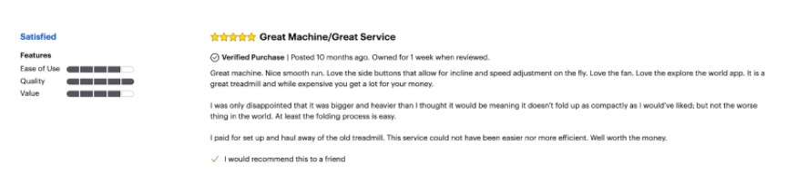 positive customer review nautilus t618of