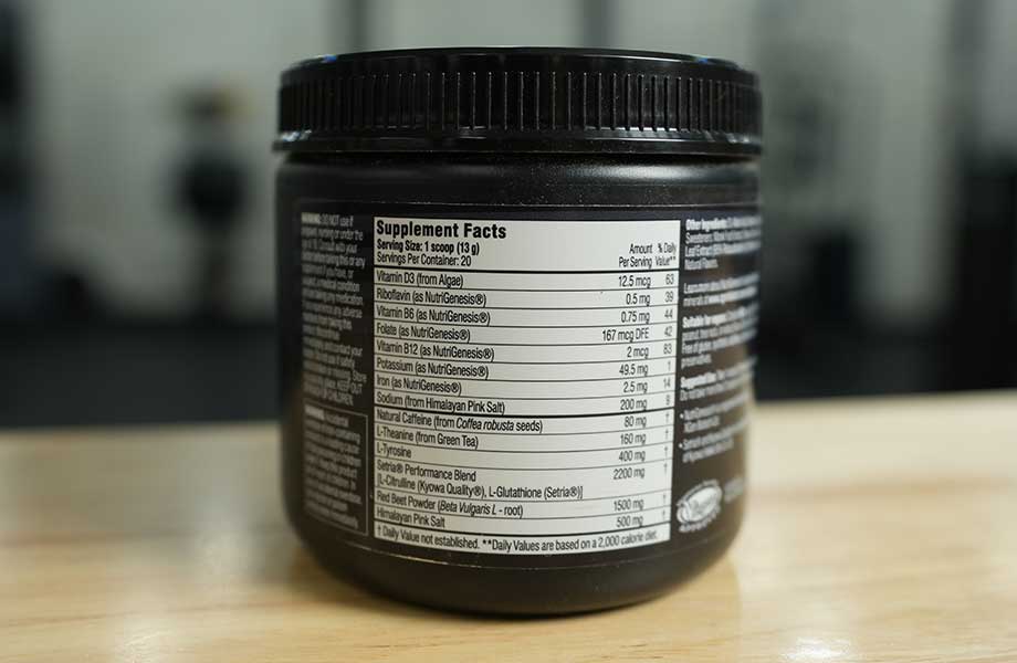 The Supplement Facts label is shown on a container of Pre Lab Pro pre-workout.
