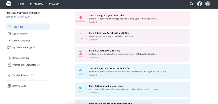 An image of the Precision Nutrition certification online dashboard